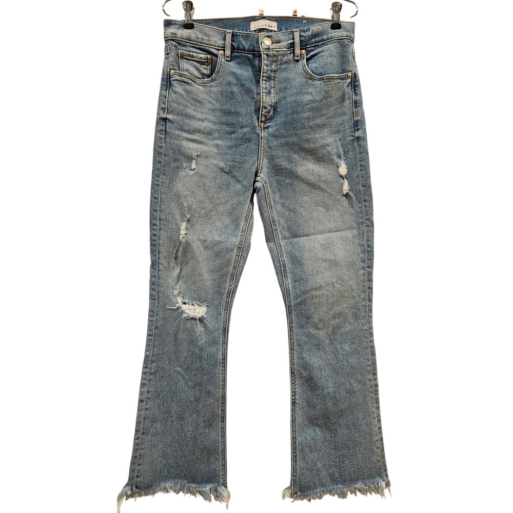 LOFT Women's Jeans Size 8 High Waist Flare Crop Distressed Frayed Hem Denim